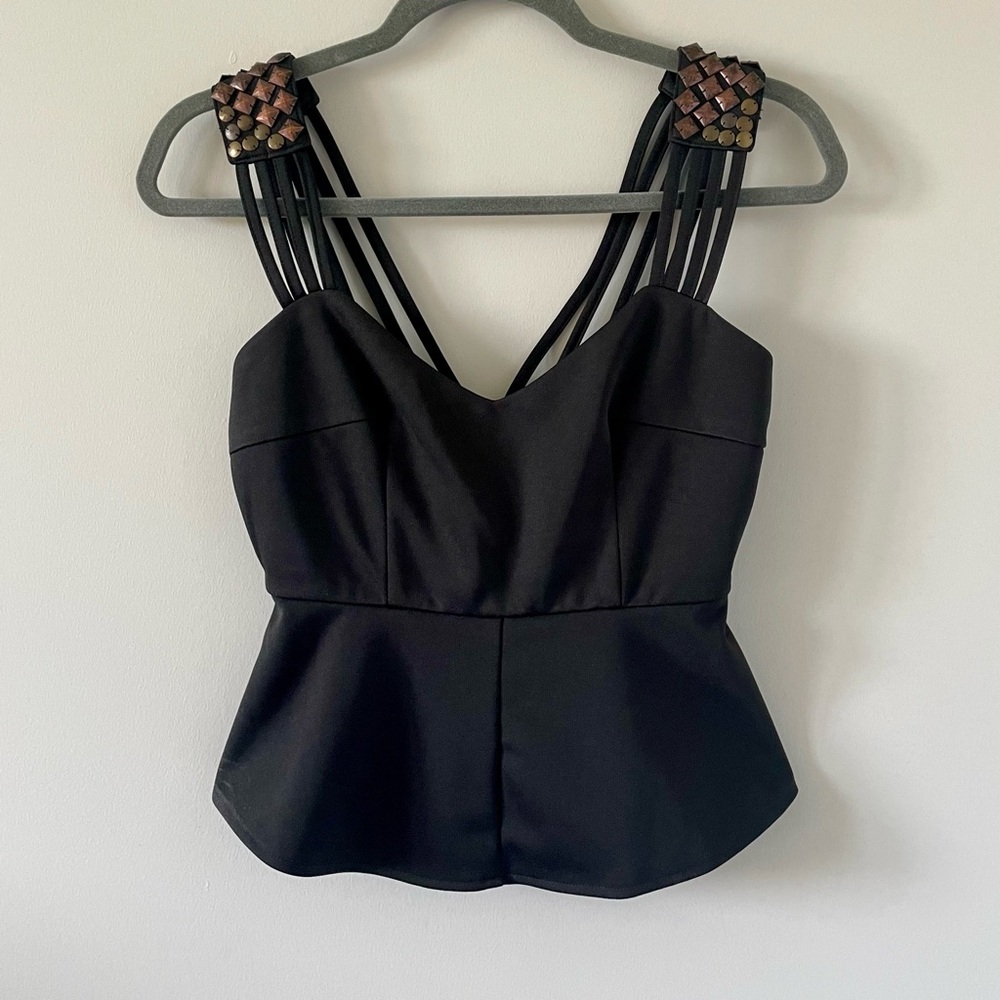 Copper Studded Peplum Tank Top - Zip-Up Back - Black with Copper & Bronze Studs